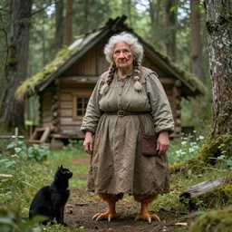 the fabulous old woman baba yaga with stalin's nose and a wart on it. there is a black cat nearby. the background is a hut standing on huge chicken paws. fabulous enchanting dense forest. fantasy. very clear image. hyperrealistic.
