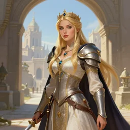 the elder scrolls vi a portrait of a regal blond elven princess warrior near the epic entrance to a city. illustration by atey ghailan