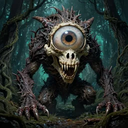 hyperdetailed art nouveau portrait of treebeard as a chimera eyeball skull dragon monster, by micheal whelan, simon bisley and bill sienkiewicz, grim yet sparkling atmosphere, photorealism, thorns, claws, teeth, fangs, night in the forest, swamp, vines, terror, wild, crazy, scary, horror, lynn varley, lovern kindzierski, steve oliff