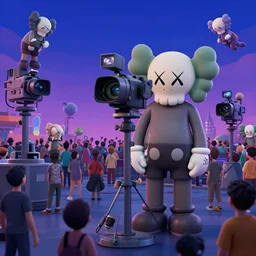 animated film festival, psychadelic cameras and projectors, metaverse crowds, 3 d render, in the style of kaws