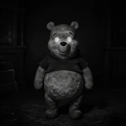 black and white photograph of glowing eyes winnie the pooh with standing creepily in the middle of a pitch black room, creepy, dramatic lighting, 1 9 2 0