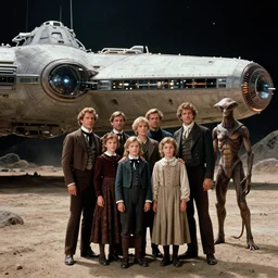 sharp, detailed, 256k film still from a sci fi blockbuster color movie made in 1980, set in 1860, of a family standing in front of a spaceship that has just landed on an alien planet, a humanoid alien creature stands nearby, the family are all wearing 1850s era clothes, cinematic lighting, good photography, sharp focus