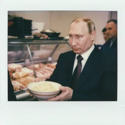 close up medium shot of vladimir putin and bowl of mear, visiting butchery, cinematic focus, polaroid photo, vintage, neutral dull colors, soft lights, by oleg oprisco, by thomas peschak, by discovery channel, by victor enrich, by gregory crewdson