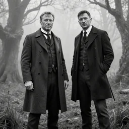 medium long shot, 3 / 4 shot, full body, of clint eastwood and tom hardy posing, in the style of peaky blinders, detalied, highly rendered, black and white, sharp, dreamy, misty woods, epic, 3 5 mm, realistic rendered with unreal engine 5