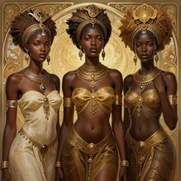 three!! beautiful Zulu goddesses, intricate, elegant, highly detailed, digital painting, artstation, concept art, smooth, sharp, focus, illustration, art by artgerm and greg rutkowski and alphonse mucha