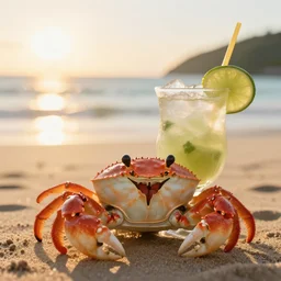 a happy crab drinking a caipirinha in a beach, golden hour, bokeh, 4k