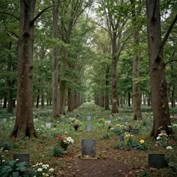 A memorial grove of trees of various sizes dedicated to missing people, metal plaques, solemn, somber tone, flowers, game art matte painting hyperdetailed, artstation, cgsociety, 8k, surreal dream landscape