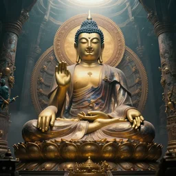 temple with infinit statue of boudha , supernatural, beautiful, esoteric, irresistible, artstation, professional, realistic, cinematic, establishing shot