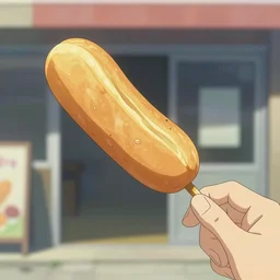 a hand holding a corndog by makoto shinkai