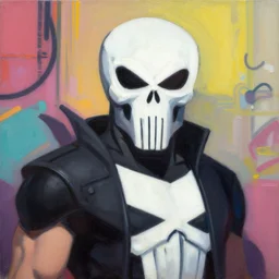 Greg Manchess portrait painting of punisher as Overwatch character, medium shot, asymmetrical, profile picture, Organic Painting, sunny day, Matte Painting, bold shapes, hard edges, street art, trending on artstation, by Huang Guangjian and Gil Elvgren and Sachin Teng