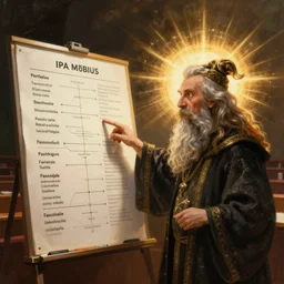 A bearded wizard points at an IPA linguistics chart in front of a lecture hall, by Mœbius