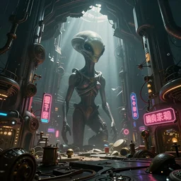 beautiful picture of an alien world with broken architecture, steampunk, ultra detailed, neon signs, elegant, trending on artstation, dramatic lighting, light rays and shadows, octane render directed by stanley kubrick