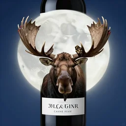 crowned queen moose with massive horns under full moon, wine label