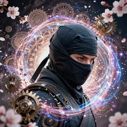a headshot of a ninja wearing a cowl!!!!, offset in the frame, surrounded by fractals and mandalas and cherry blossoms and metal gears and swirling bioluminescent energy!!!!!!!!!, art by peter mohrbacher and dan mumford, 8 k octane render, hyperrealistic, zbrush, cinema 4 d