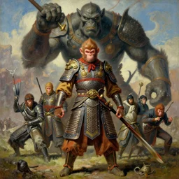 portrait full body monkey king medieval chines armor fighting giant monster by gaston bussiere, greg rutkowski, yoji shinkawa, yoshitaka amano, moebius, donato giancola, tim hildebrandt, oil on canvas, trending on artstation, featured on pixiv, cinematic composition, extreme detail