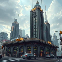 a beautiful detailed rendering of city taxi station building by marina tabassum, tokyo evil atlantis steampunk alien magic realism, archdaily, wallpaper, highly detailed, trending on artstation.