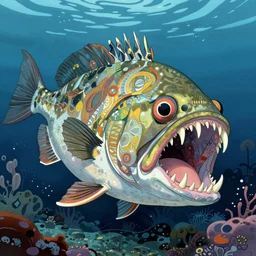illustration of an angler fish, in the stle of yoshi yoshitani, deep sea, large mouth filled with pointed teeth, stylized linework, ornamentation, artistic, color