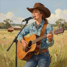 a painting of a cowgirl playing a guitar and singing outdoors with texas hill - country in background, in the style of casey baugh, digital art