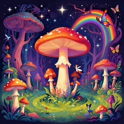 psychedelic mushrooms, enchanted cosmic forest, mushrooms on the ground, small fairies, stars in the sky, butterflies, rainbows, psychedelic, wide angle shot, vector art, optical illusion, fantasy poster by helen huang and frank frazetta and salvador dali