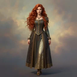full body detailed shot of a beautiful red haired woman with a beautiful face, green eyes high detail, intricate clothing, looking at the camera, dreamy background