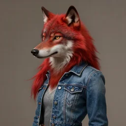 upper body shot of an anthropomorphic wolf female with bright red fur wearing a denim jaket and jeans, diffuse lighting, fantasy, intricate, elegant, highly detailed, lifelike, photorealistic, digital painting, artstation, smooth, sharp focus, naturalism, trending on byron's - muse, by greg rutkowski and greg staples and alphonse mucha