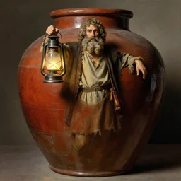 interior of enormous clay jar Portrait Portrait of Diogenes the Cynic donning hobo costume whilst brandishing lantern whilst resting in an enormous clay jar winslow homer theodore gericault norman rockwell donato giancola john william waterhouse maxfield parrish mikhail vrubel arkhip kuindzhi astri lohne stained lacquer glaze
