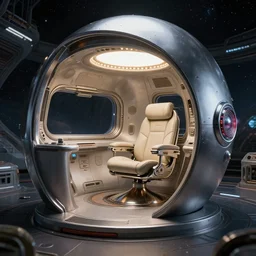 cassete - futurism scheme. small intimate space - ship interior living quarters design shot. futuristic sci - fi professional lighting. masterpiece. digital artstation render of a slick futuristic cosmic environment by john harris. tensegrity captain's chair integrated into a giant button laden cylindrical station inspired by the shape of a hooded chrome egg avocado bean armature.