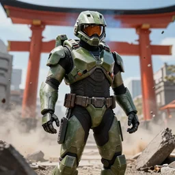 master chief as God Zillow destroying Japan