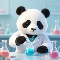 panda mad scientist mixing sparkling chemicals, digital art