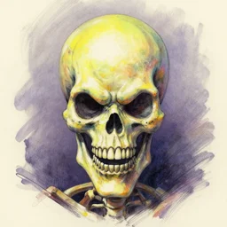 macro head shot centered ink colored airbrushed gouache sketch by cliff chiang!!! centered symmetrical headshot of crazy maniac skeletor in the style ofj scott campbell