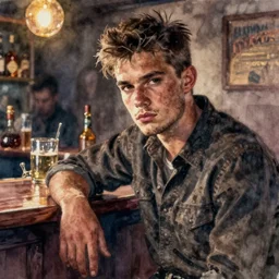oil watercolor painting of young rugged guy in western bar, shaven stubble, short hair, mysterious light, art by anders zorn, wonderful masterpiece by greg rutkowski, beautiful cinematic light, american romanticism by greg manchess, creation by tyler edlin