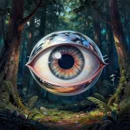 a big eye floats above the ground in a dense forest, illustration by john taylor dismukes and dave lafleur, luis royo, smooth shading, ultra detailed, high resolution, chrome art, rich deep colors