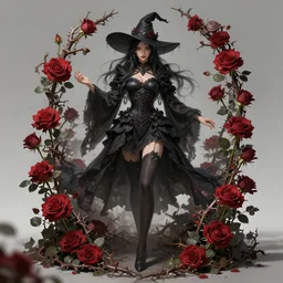 fantasy female dark witch surrounded by roses and thorns, fullbody view, wide angle view, highly detailed, qichao wang, artgerm, cushart krenz, zeronis, trending on artstation, soft light, sharp edges, illustration, 8 k, hyperdetailed, hyperrealistic character design, concept art