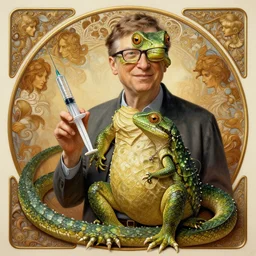 a reptile as a bill gates!!!, holding a syringe!!, portrait, intricate, elegant, highly detailed, digital painting, artstation, concept art, wallpaper, smooth, sharp focus, illustration, art by h. r. giger and artgerm and greg rutkowski and alphonse mucha