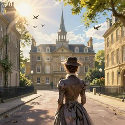 portrait of a victorian lady in front of a English manor, from behind, streets, birds in the sky, sunlight and rays of light shining through trees, tall buildings on the sides, beautiful, solarpunk!!!, highly detailed, digital painting by Michael Garmash and Peter Mohrbacher