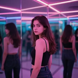 a girl standing in a room of mirrors looking back slightly, neon