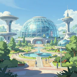 science fiction novel cover art of an extremely clean futuristic park, glass dome sky, soft lighting, intricate details, cgsociety, animation scene, 2 d matte painting, clear strokes