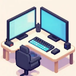 trending on art station, cute isometric pixel art music production bedroom, led music gear on desk, ableton push 2