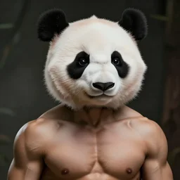Photo of a muscular man with a panda head.
