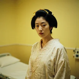 7 0 s movie still of a white female japanese phantom with trypophobia in a yellow wall empty hospital, cinestill 8 0 0 t 3 5 mm eastmancolor, heavy grain, high quality, high detail