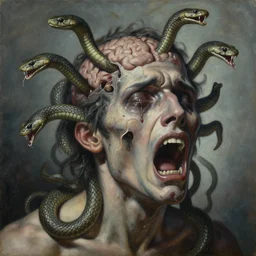 an oil on canvas painting of a screaming and crying decapitated man's partially decomposing face with many large biting serpents swarming out of his exposed brain, a surrealist painting, polycount, surrealism, surrealist, lovecraftian, cosmic horror, high detailed
