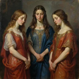 the order of sisters of divinity. this oil painting by the award - winning concept artist has cinematic lighting, an interesting color scheme and intricate details.