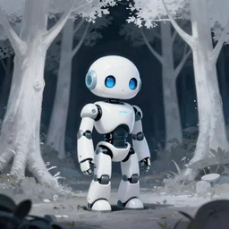 a small glossy white cybernetic robot stands on the ground in a forest of white trees at night. cyril roland naomi okubo. trending on artstation. digital painting.