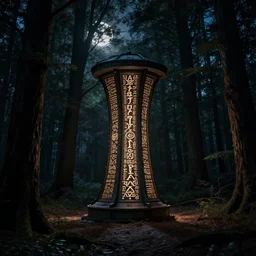 teleportation machine in a dark forest, with trees towering around it and shadows cast by the moonlight, style of occult inscriptions