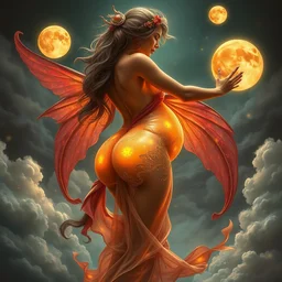 concept art of translucent glowing curvy buxom brown fairy dancing booty, pregnant, renaissance, flowy, melting, round moons, rich clouds, very detailed, volumetric light, mist, fine art, textured oil over canvas, epic fantasy art, very colorful, ornate intricate scales, skulls, fractal gems, 8 k, hyper realistic, high contrast