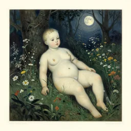 hans bellmer's la poupee, 1 9 7 0 s, seventies, delicate embellishments, a little blood, woodland, moonlight shining on wildflowers, painterly, offset printing technique, by alexandre cabanel