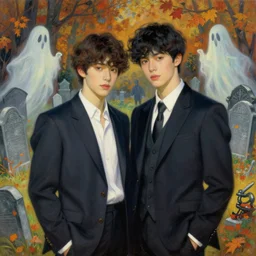 painting of young cute handsome beautiful dark medium wavy hair man in his 2 0 s named shadow taehyung and cute handsome beautiful min - jun together at the graveyard party, ghostly, haunted gravestones, ghosts, autumn! colors, elegant, wearing suits!, clothes!, delicate facial features, art by alphonse mucha, vincent van gogh, egon schiele
