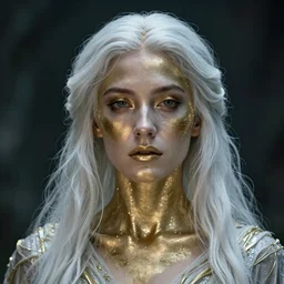 picture portrait of a very beautiful jewish woman from the future, liquid gold on her face, long white hair, the atmosphere from the movie alien cinematic,