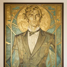 a beautiful art deco wall mural of a handsome man, symmetrical, elegant