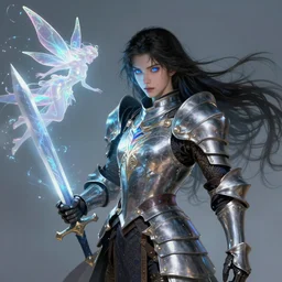 character concept portrait of an attractive young intense dark long haired wizard with glowing blue eyes, wearing shining fantasy knights armor, conjuring a giant sword in his right hand, a floating iridescent woman fairy flies around, intricate, elegant, digital painting, concept art, smooth, sharp focus, 8 k, illustration, from metal gear, by ruan jia and mandy jurgens and william - adolphe bouguereau, artgerm
